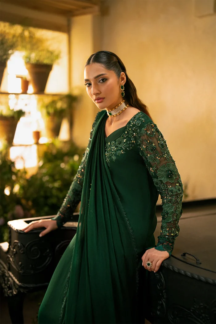 Vanya | 3 Piece Bottle Green Embroidered Chiffon Dress - FF-37 | Ready To Wear - Image 2