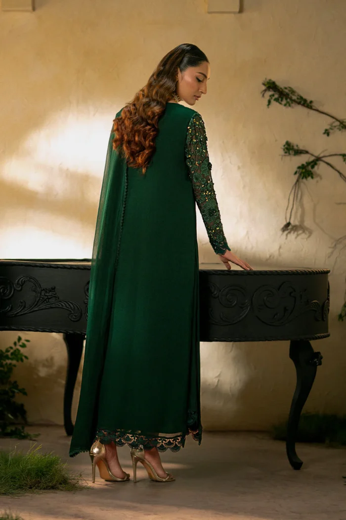 Vanya | 3 Piece Bottle Green Embroidered Chiffon Dress - FF-37 | Ready To Wear - Image 3