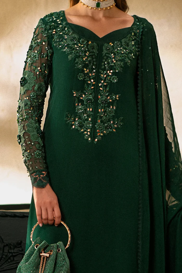 Vanya | 3 Piece Bottle Green Embroidered Chiffon Dress - FF-37 | Ready To Wear - Image 4