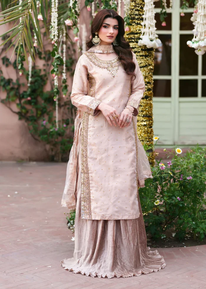 Haseens Official | 3 Piece Pastel Pink Embellished Tissue Suit with Silk Lehenga & Net Dupatta | Ready To Wear - Image 3