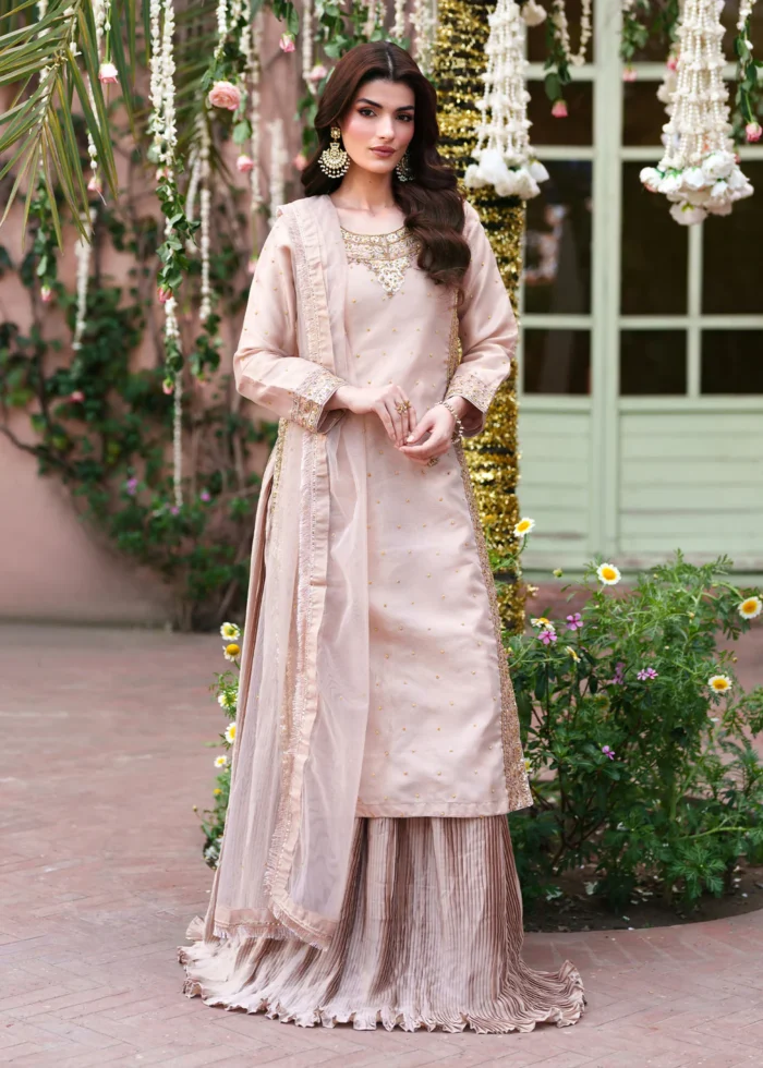 Haseens Official | 3 Piece Pastel Pink Embellished Tissue Suit with Silk Lehenga & Net Dupatta | Ready To Wear - Image 4