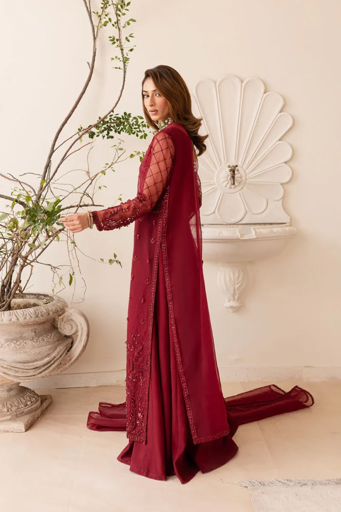 Vanya | 3 Piece Deep Maroon Embroidered Gown with Silk Maxi - VR-05 | Ready To Wear - Image 4