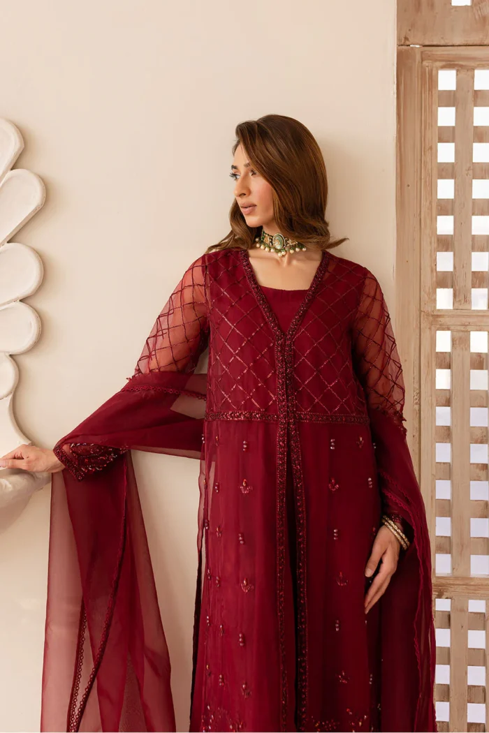 Vanya | 3 Piece Deep Maroon Embroidered Gown with Silk Maxi - VR-05 | Ready To Wear - Image 5