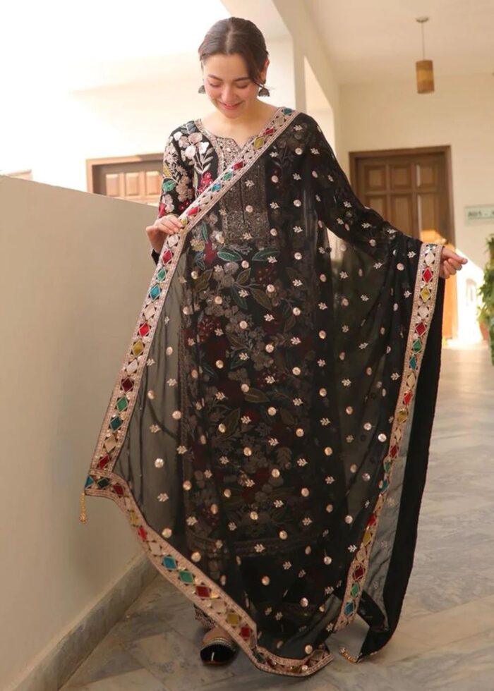 Haseens Official | Mehnaaz 4 Piece Black Chiffon Long Kurta Set with Dupatta & Potli | Ready To Wear - Image 4