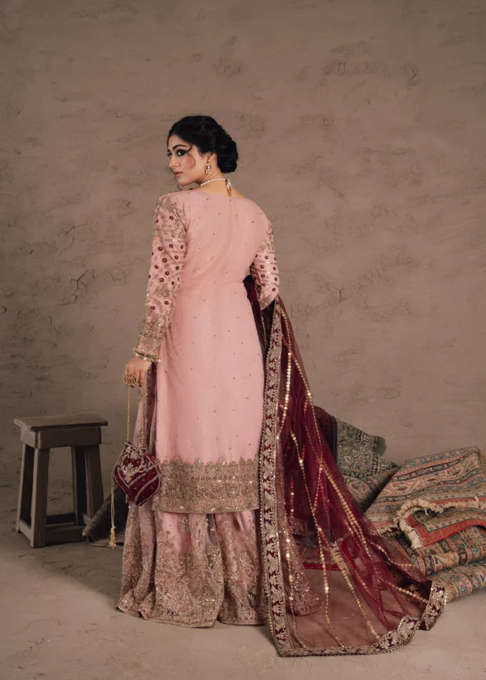 Haseens Official | 3 Piece Pastel Pink Embroidered Chiffon Sharara Set – Shamim | Ready To Wear - Image 7