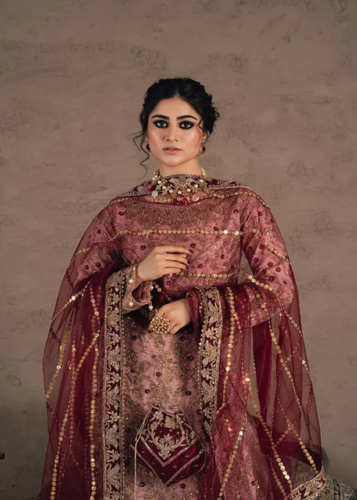 Haseens Official | 3 Piece Pastel Pink Embroidered Chiffon Sharara Set – Shamim | Ready To Wear - Image 5