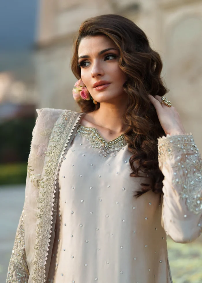Haseens Official | 3 Piece Champagne Beige Silk Charmeuse Straight Kurta Set –  Mahrani | Ready To Wear - Image 2
