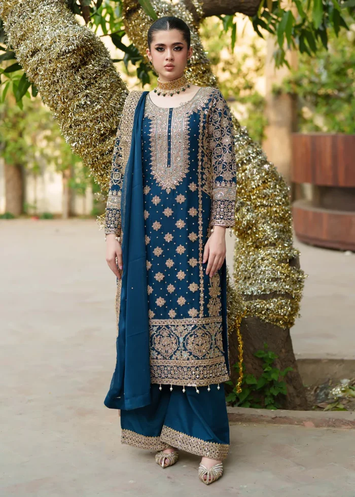 Haseens Official | 3 Piece Teal Embroidered Chiffon Long Kurta Set with Trousers – Zarlashta | Ready To Wear - Image 5