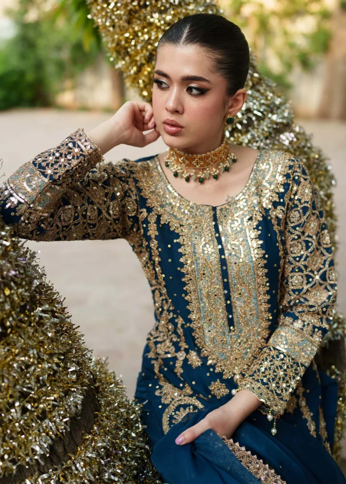Haseens Official | 3 Piece Teal Embroidered Chiffon Long Kurta Set with Trousers – Zarlashta | Ready To Wear - Image 7