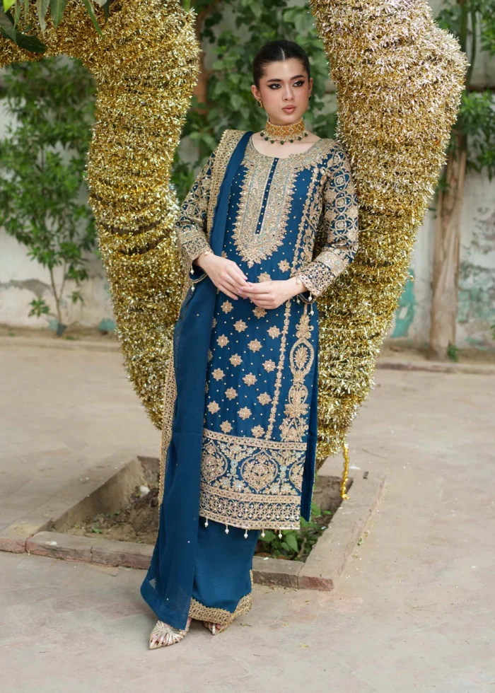 Haseens Official | 3 Piece Teal Embroidered Chiffon Long Kurta Set with Trousers – Zarlashta | Ready To Wear - Image 8