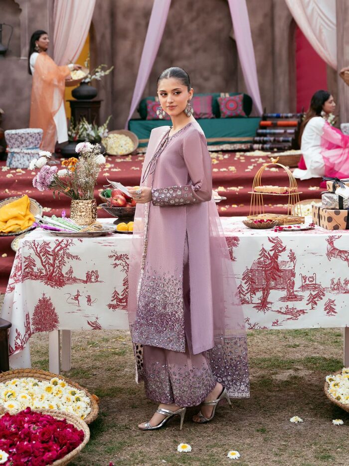 Ally's Official | 3 Piece Spangle Embroidered Silk Suit with Organza Dupatta & Palazzo | LAILA VX-152 | Ready To Wear - Image 3
