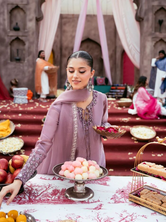 Ally's Official | 3 Piece Spangle Embroidered Silk Suit with Organza Dupatta & Palazzo | LAILA VX-152 | Ready To Wear - Image 8