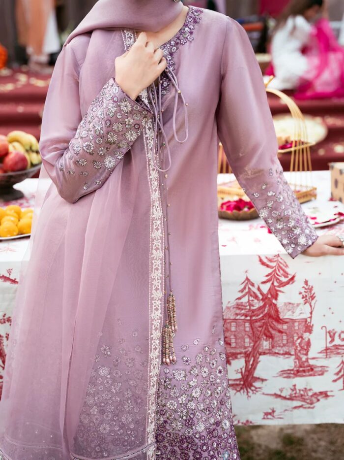 Ally's Official | 3 Piece Spangle Embroidered Silk Suit with Organza Dupatta & Palazzo | SORAYA VX-149 | Ready To Wear - Image 2