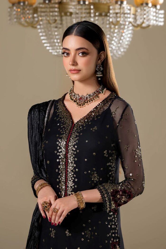 Khuda Baksh| 3 Piece Crinkle Chiffon Embellished Shalwar Set with Silk Dupatta | P-296 | Ready To Wear - Image 4
