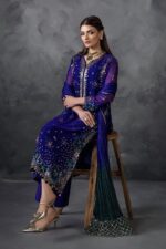 Khuda Baksh | 3 Piece Royal Blue Crinkle Chiffon Embellished Shalwar Set with Silk Dupatta | P-296 | Ready To Wear - Image 8