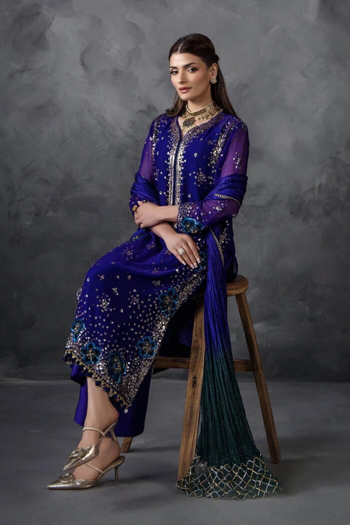 Khuda Baksh | 3 Piece Royal Blue Crinkle Chiffon Embellished Shalwar Set with Silk Dupatta | P-296 | Ready To Wear - Image 8