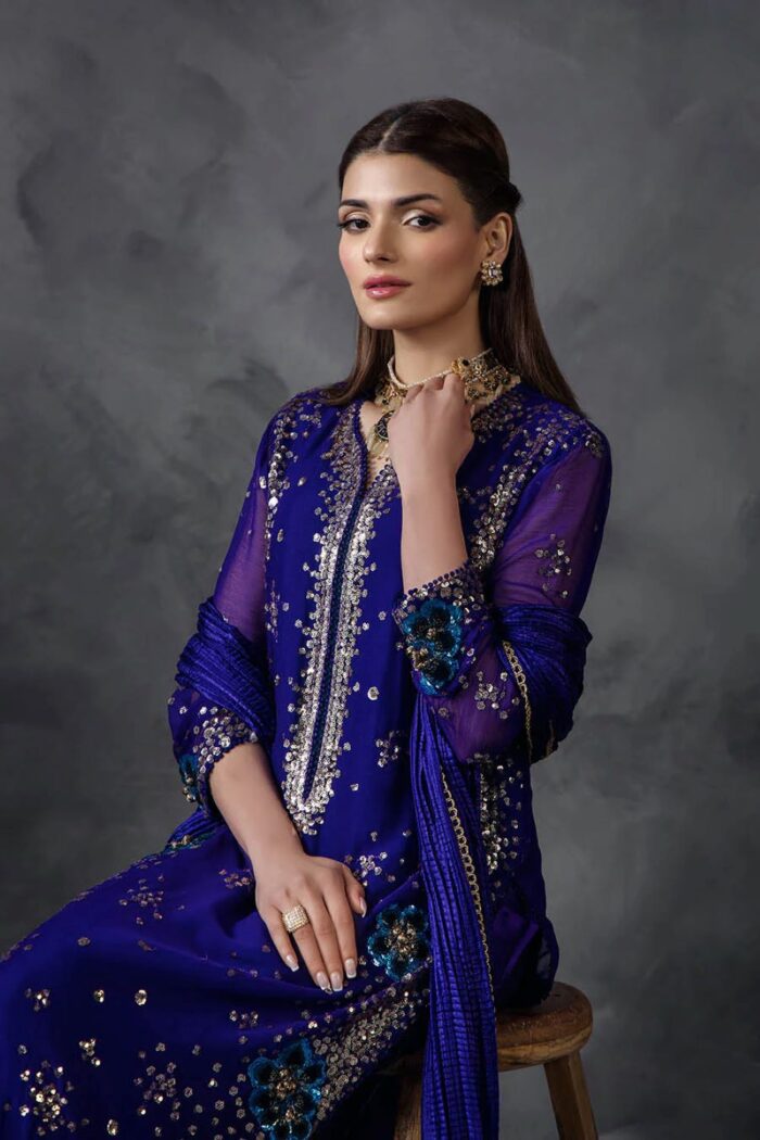 Khuda Baksh | 3 Piece Royal Blue Crinkle Chiffon Embellished Shalwar Set with Silk Dupatta | P-296 | Ready To Wear - Image 2