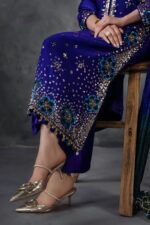 Khuda Baksh | 3 Piece Royal Blue Crinkle Chiffon Embellished Shalwar Set with Silk Dupatta | P-296 | Ready To Wear - Image 9