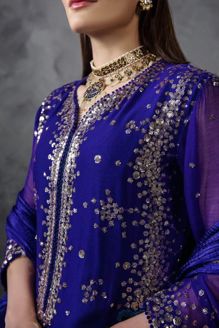 Khuda Baksh | 3 Piece Royal Blue Crinkle Chiffon Embellished Shalwar Set with Silk Dupatta | P-296 | Ready To Wear - Image 3