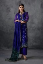 Khuda Baksh | 3 Piece Royal Blue Crinkle Chiffon Embellished Shalwar Set with Silk Dupatta | P-296 | Ready To Wear - Image 5