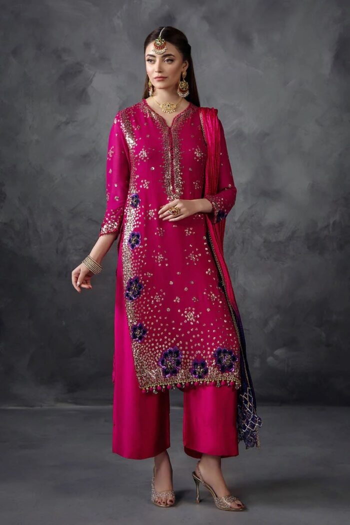 Khuda Baksh | 3 Piece Magenta Crinkle Chiffon Embellished Shalwar Set with Silk Dupatta | P-296 | Ready To Wear - Image 3