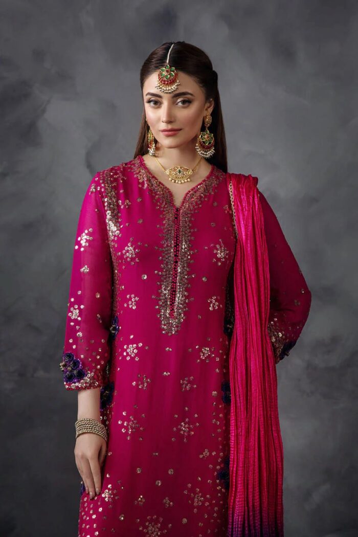 Khuda Baksh | 3 Piece Magenta Crinkle Chiffon Embellished Shalwar Set with Silk Dupatta | P-296 | Ready To Wear - Image 4