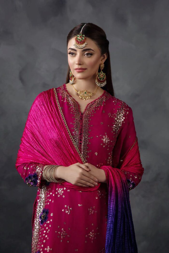 Khuda Baksh | 3 Piece Magenta Crinkle Chiffon Embellished Shalwar Set with Silk Dupatta | P-296 | Ready To Wear - Image 7