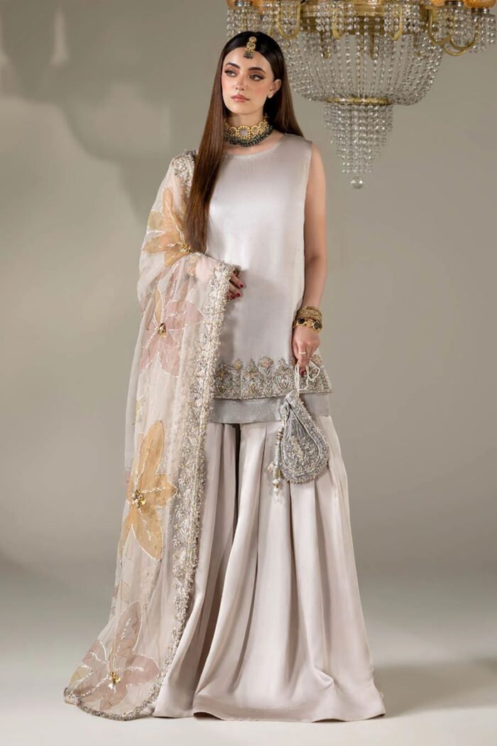 Khuda Baksh| 4 Piece Gloss Silk Sharara Set with Organza Dupatta & Pouch | P-299 | Ready To Wear - Image 3