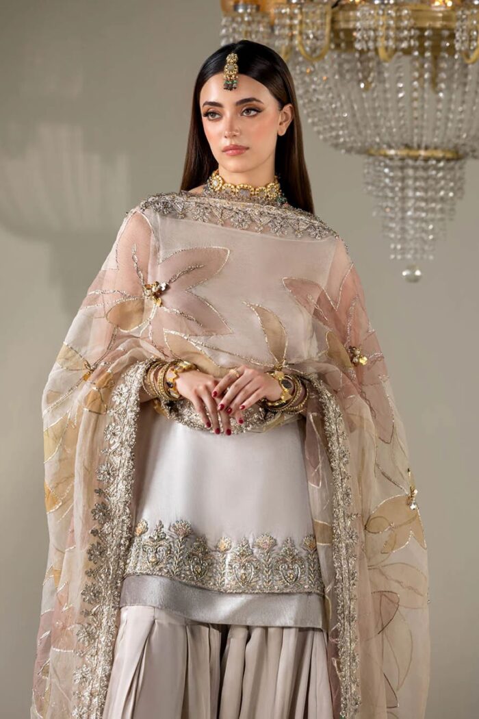 Khuda Baksh| 4 Piece Gloss Silk Sharara Set with Organza Dupatta & Pouch | P-299 | Ready To Wear - Image 6