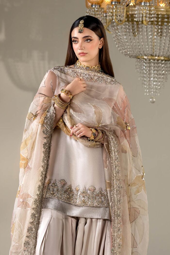 Khuda Baksh| 4 Piece Gloss Silk Sharara Set with Organza Dupatta & Pouch | P-299 | Ready To Wear - Image 7