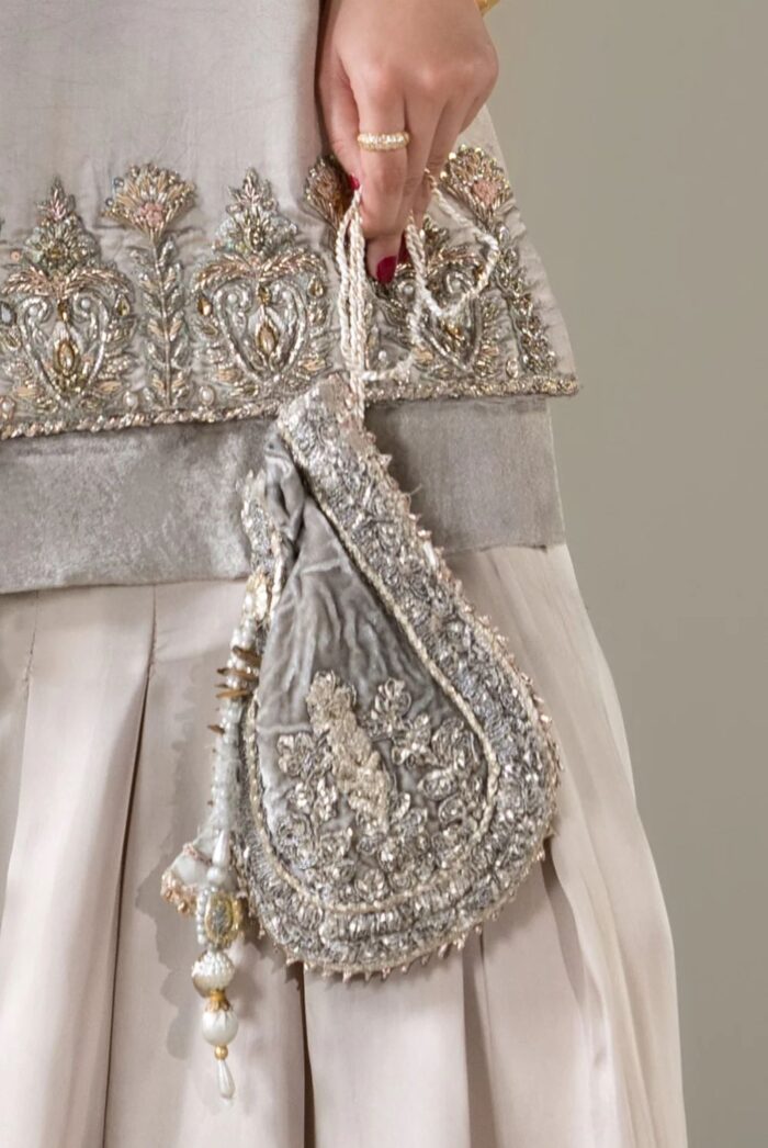 Khuda Baksh| 4 Piece Gloss Silk Sharara Set with Organza Dupatta & Pouch | P-299 | Ready To Wear - Image 8