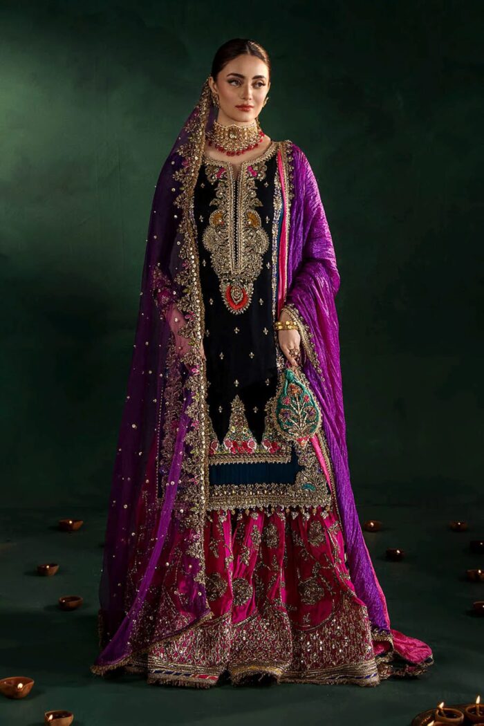 Khuda Baksh| 3 Piece Black & Zinc Hand Embroidered Crinkle Chiffon Sharara Set | P-306 | Ready To Wear - Image 2