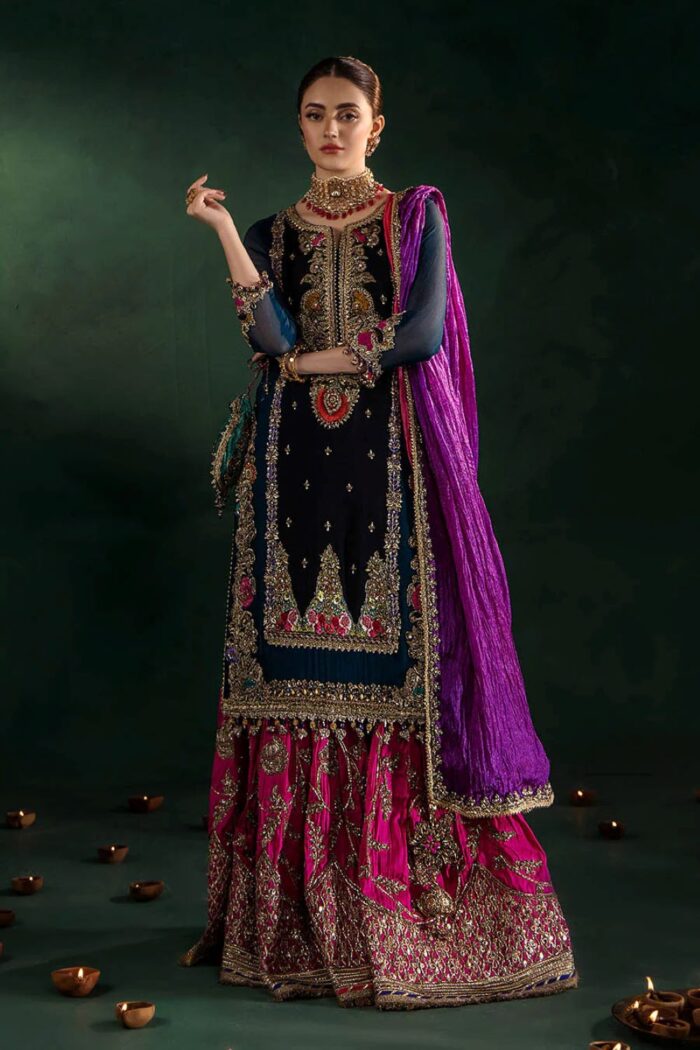 Khuda Baksh| 3 Piece Black & Zinc Hand Embroidered Crinkle Chiffon Sharara Set | P-306 | Ready To Wear - Image 9