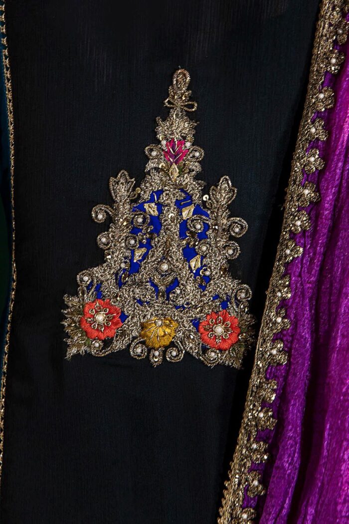 Khuda Baksh| 3 Piece Black & Zinc Hand Embroidered Crinkle Chiffon Sharara Set | P-306 | Ready To Wear - Image 10