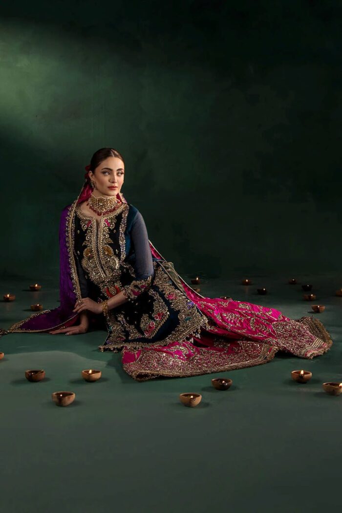Khuda Baksh| 3 Piece Black & Zinc Hand Embroidered Crinkle Chiffon Sharara Set | P-306 | Ready To Wear - Image 11