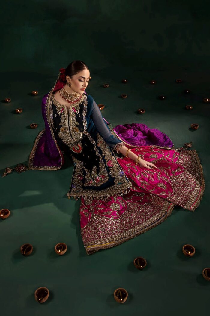 Khuda Baksh| 3 Piece Black & Zinc Hand Embroidered Crinkle Chiffon Sharara Set | P-306 | Ready To Wear - Image 12