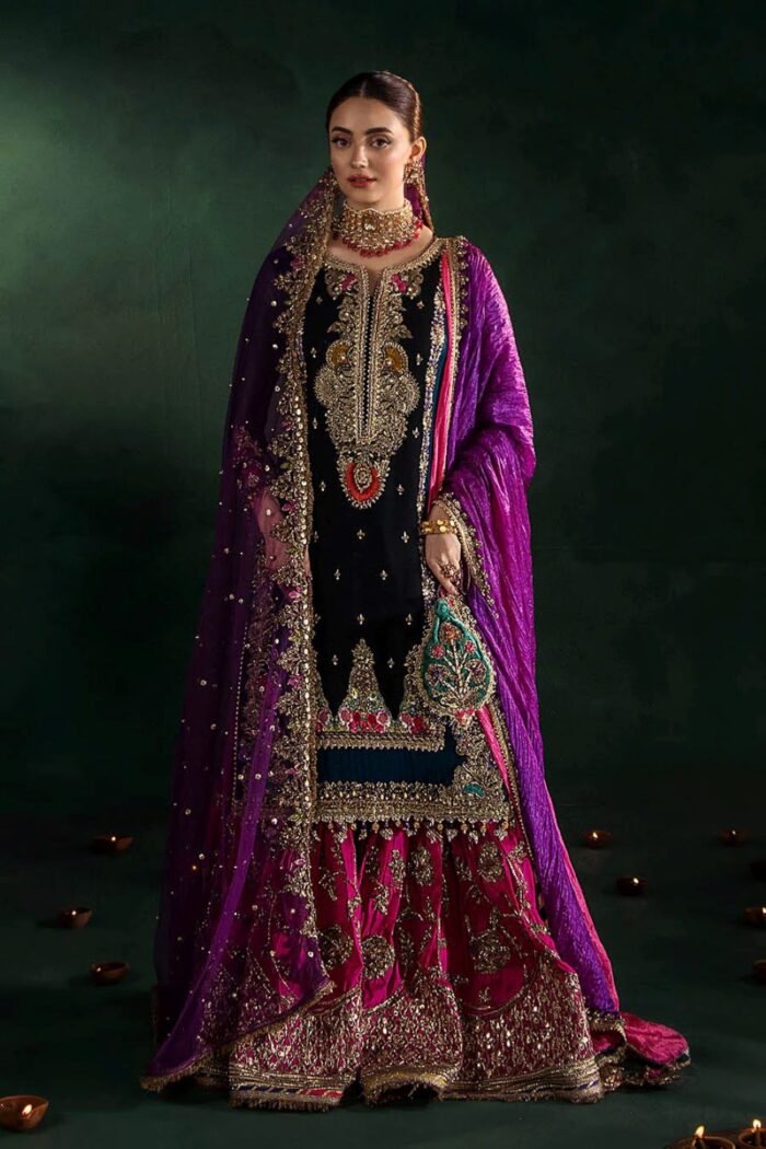 Khuda Baksh| 3 Piece Black & Zinc Hand Embroidered Crinkle Chiffon Sharara Set | P-306 | Ready To Wear - Image 3