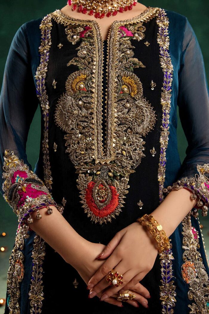 Khuda Baksh| 3 Piece Black & Zinc Hand Embroidered Crinkle Chiffon Sharara Set | P-306 | Ready To Wear - Image 14