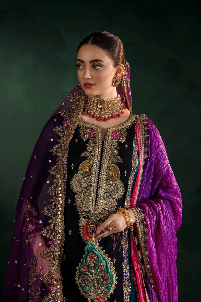 Khuda Baksh| 3 Piece Black & Zinc Hand Embroidered Crinkle Chiffon Sharara Set | P-306 | Ready To Wear - Image 4