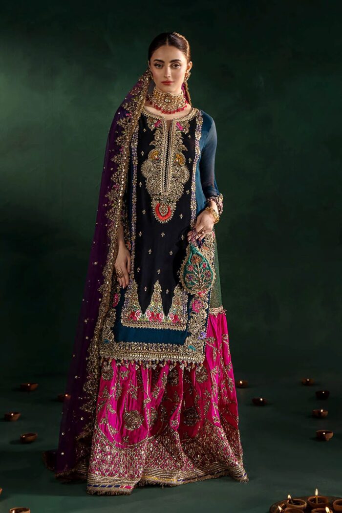 Khuda Baksh| 3 Piece Black & Zinc Hand Embroidered Crinkle Chiffon Sharara Set | P-306 | Ready To Wear - Image 5