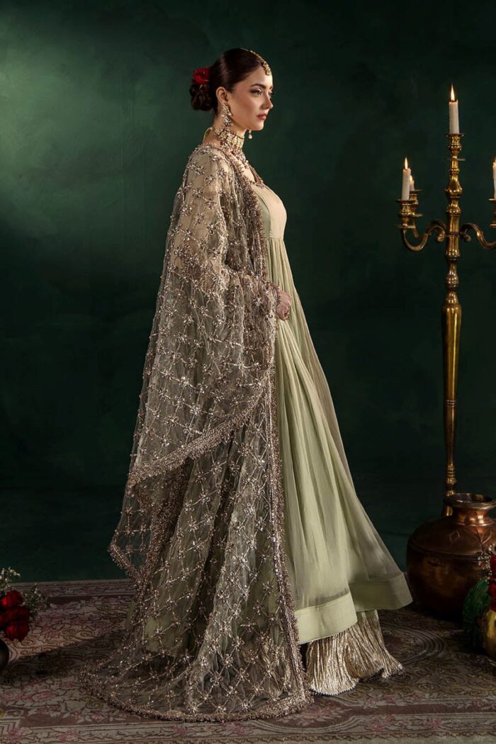 Khuda Baksh| Hand Embroidered Chiffon Sharara Set | P-307 Olive | Ready To Wear - Image 7