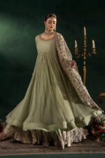 Khuda Baksh| Hand Embroidered Chiffon Sharara Set | P-307 Olive | Ready To Wear - Image 3
