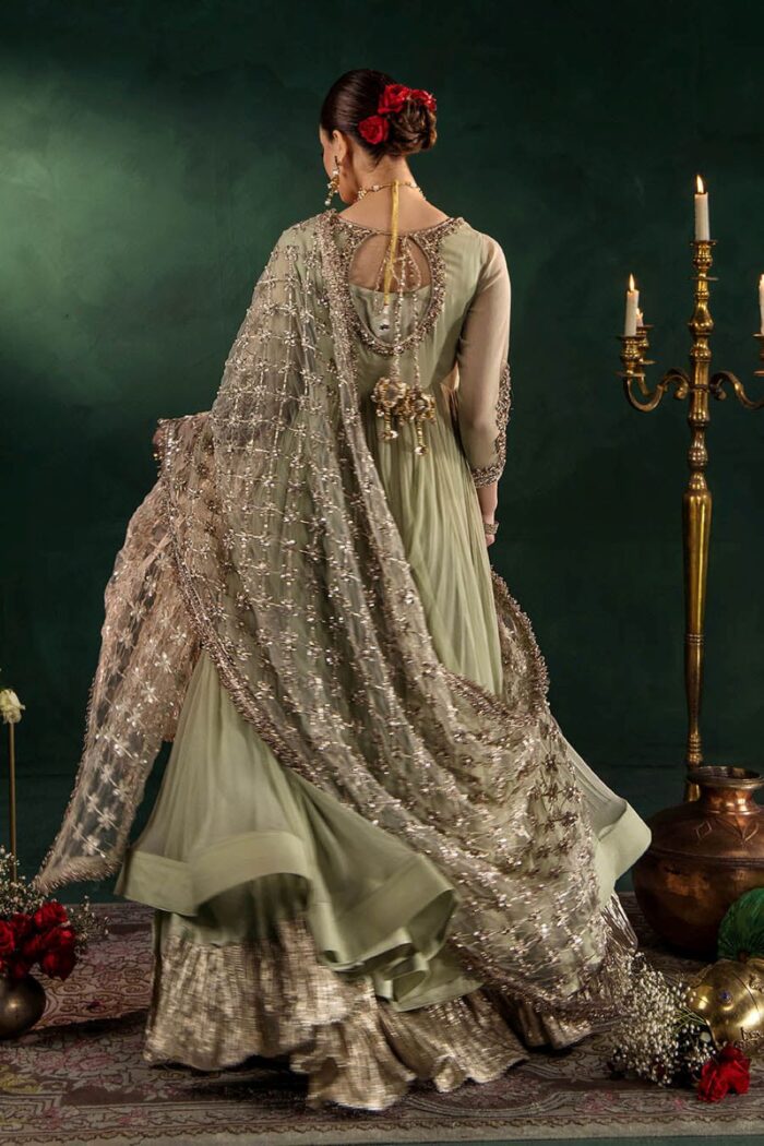 Khuda Baksh| Hand Embroidered Chiffon Sharara Set | P-307 Olive | Ready To Wear - Image 10