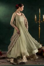 Khuda Baksh| Hand Embroidered Chiffon Sharara Set | P-307 Olive | Ready To Wear - Image 6