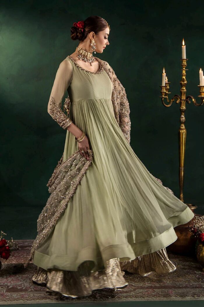Khuda Baksh| Hand Embroidered Chiffon Sharara Set | P-307 Olive | Ready To Wear - Image 6