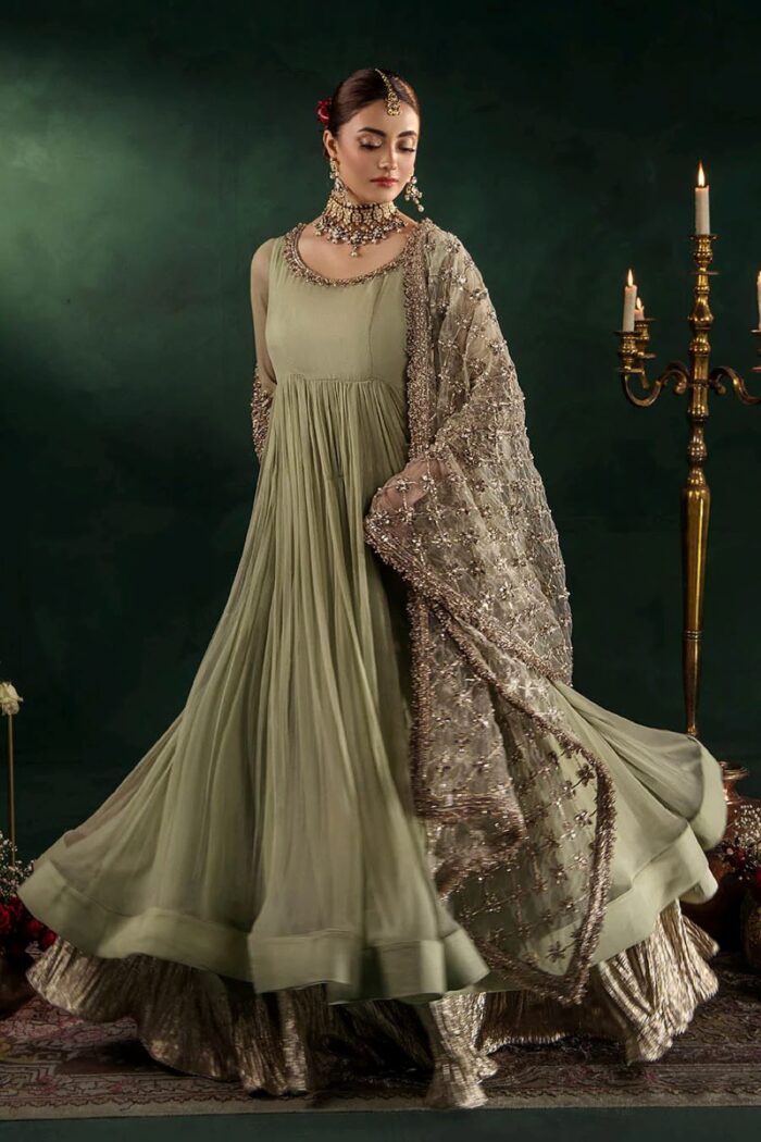 Khuda Baksh| Hand Embroidered Chiffon Sharara Set | P-307 Olive | Ready To Wear - Image 5