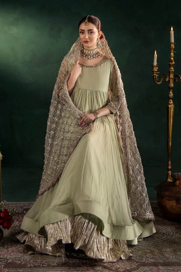 Khuda Baksh| Hand Embroidered Chiffon Sharara Set | P-307 Olive | Ready To Wear - Image 4