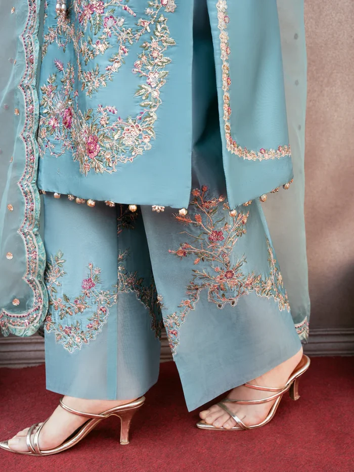 Ally's Official | 3 Piece Sequin Embroidered Silk Suit with Organza Dupatta & Palazzo | RAHA VX-148 | Ready To Wear - Image 6