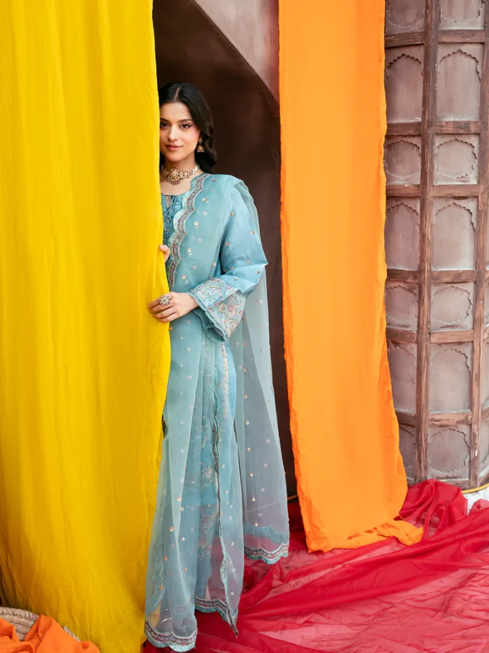 Ally's Official | 3 Piece Sequin Embroidered Silk Suit with Organza Dupatta & Palazzo | RAHA VX-148 | Ready To Wear - Image 8