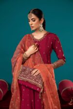 MARIA.B | 3 Piece Embroidered Long Paneled Maroon Frock | Ready To Wear - Image 2